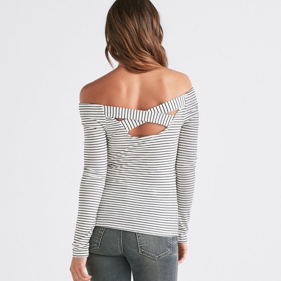 Lucky Brand Stripe Off Shoulder Ribbed Top Long Sleeve Criss Cross Back Medium - Picture 1 of 12